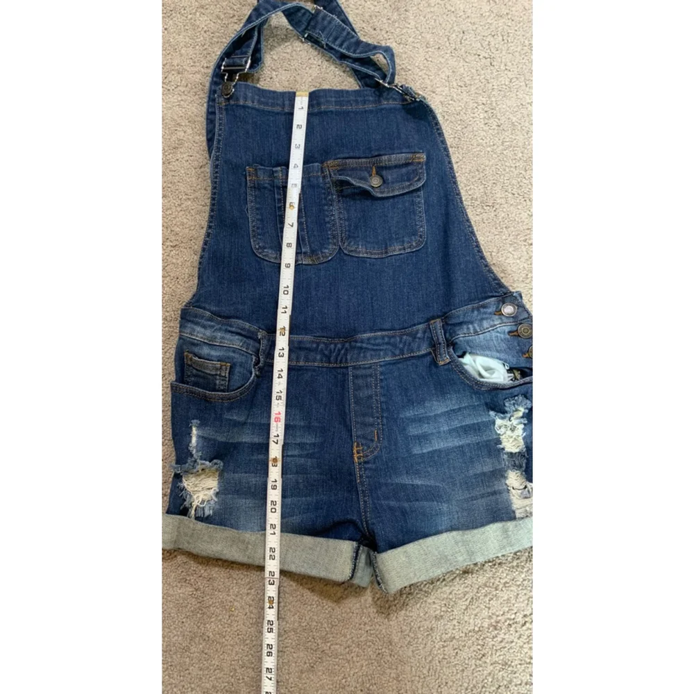 Machine Dark Wash Denim Overalls Shorts‎ Blue Distressed Lg Cabincore Fisherman